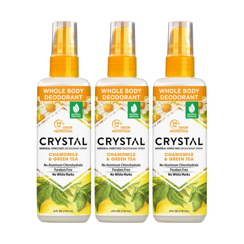 CRYSTAL ESSENCE Crystal Deodorant Essence Spray 4 Ounce Chamomile/Green Tea, All Over Body Deodorant, (118ml) (3 Pack) - Image 1